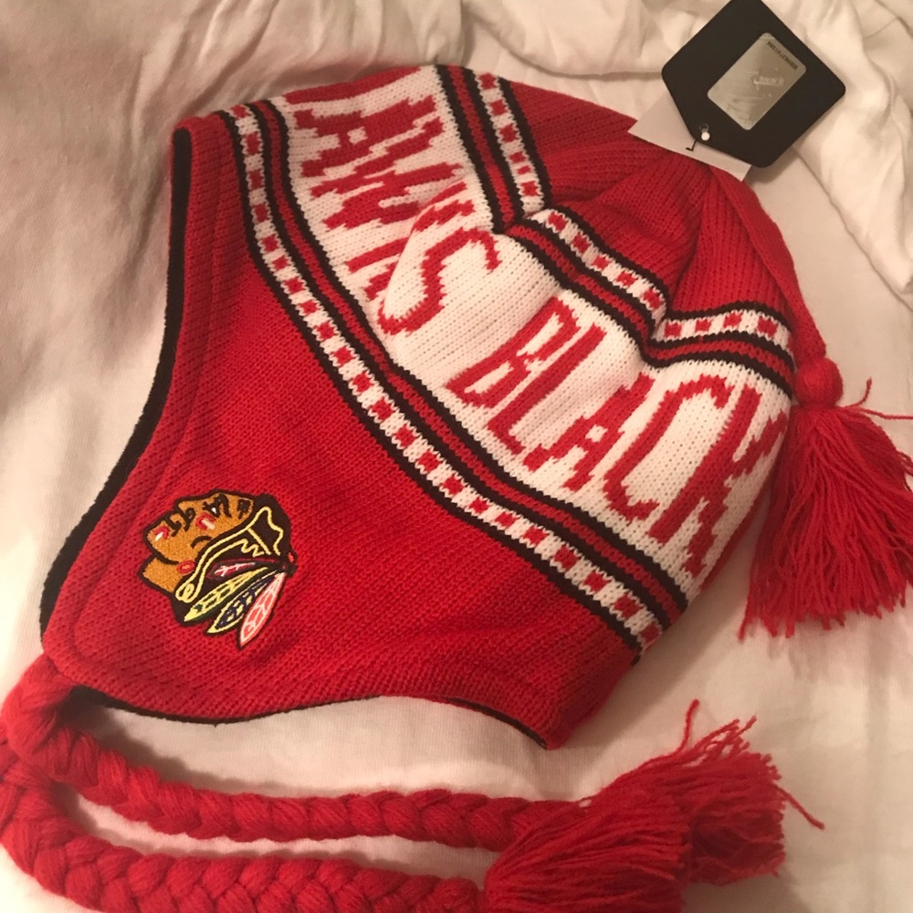 Red Blackhawks hat w/tassels unisex men woman adult child